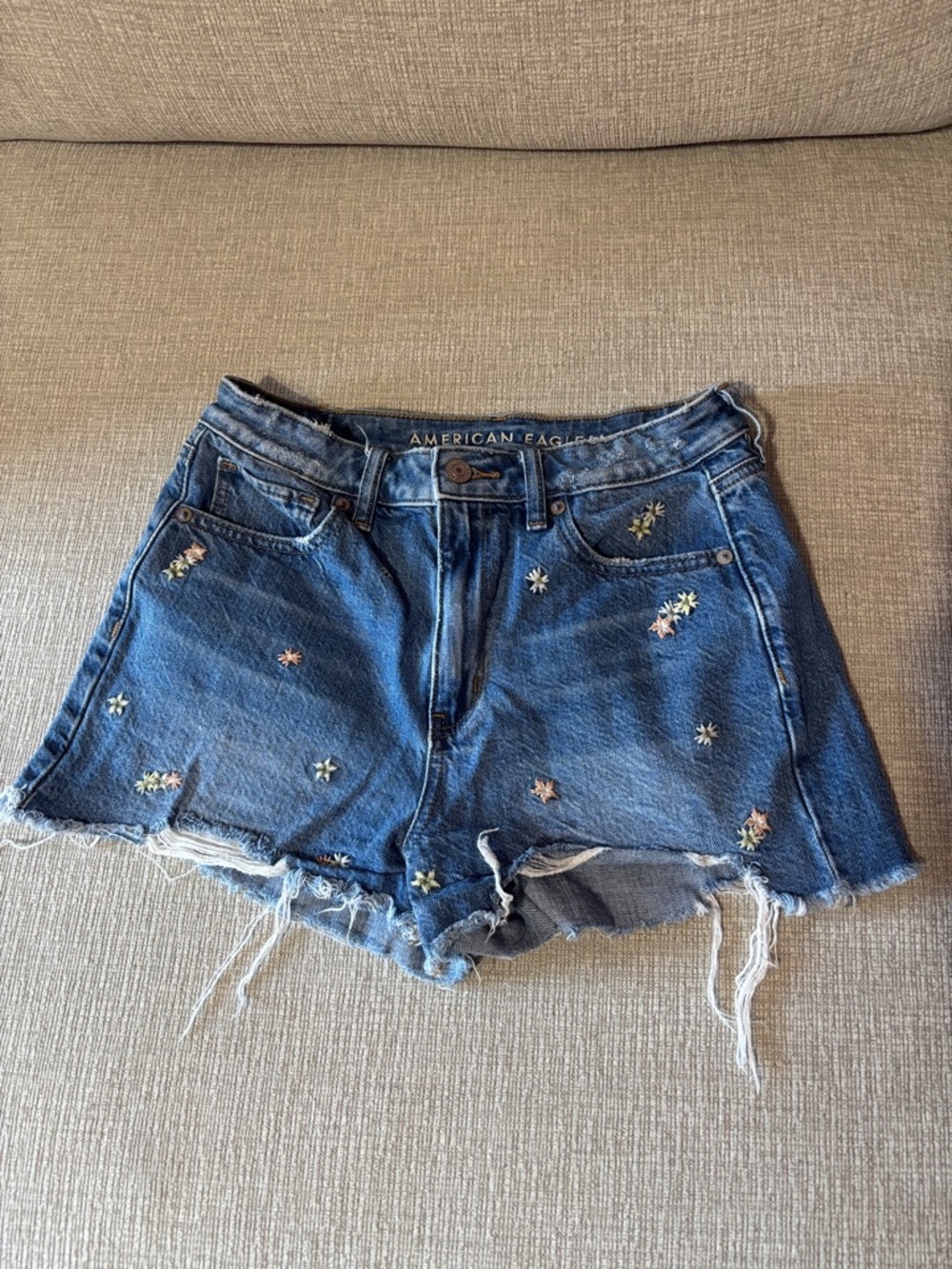 American Eagle Outfitters Blue Distressed Denim Shorts with Floral Embroidery